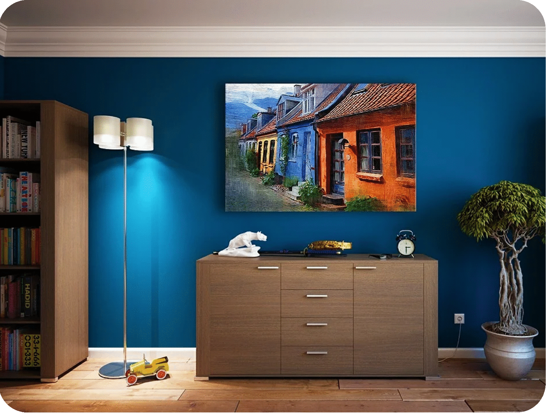 assorted-color framed paintings on the wall